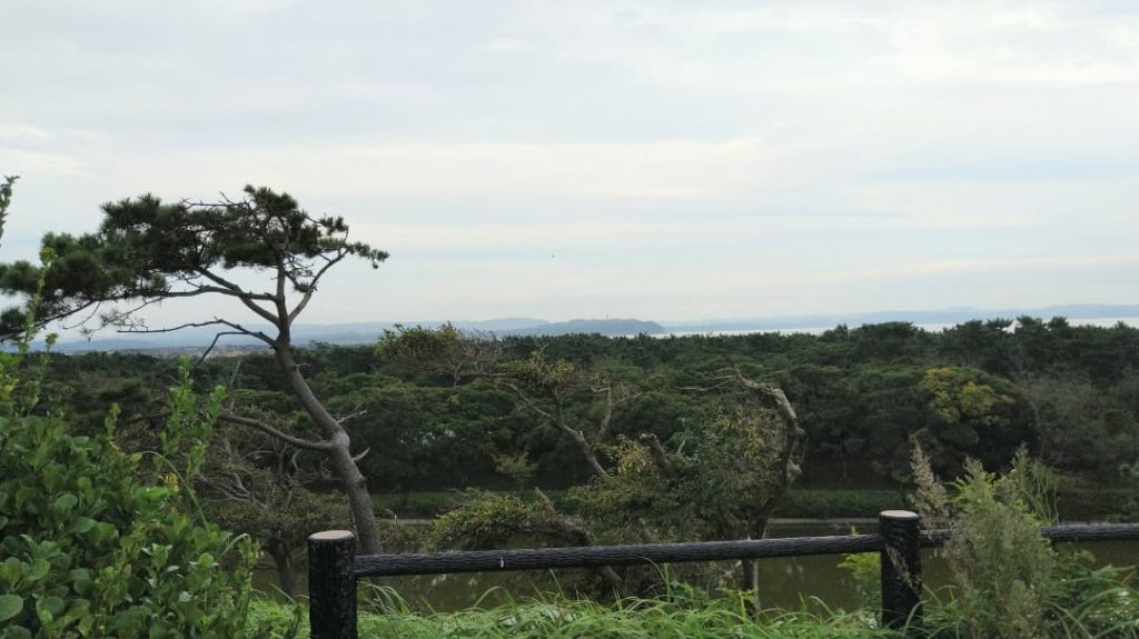 中之島展望台からは富津公園が一望。遠くには三浦半島が見えます。